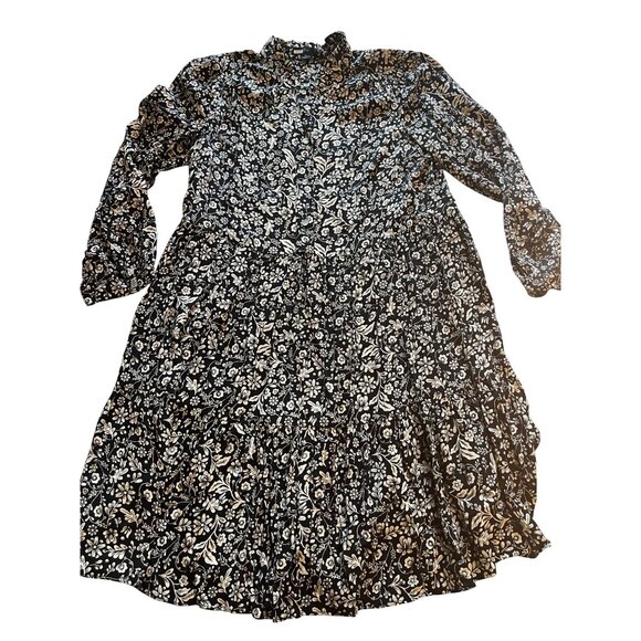 J. Crew S Black & cream Floral Shirt Dress tossed bouquet print pockets - Picture 3 of 13